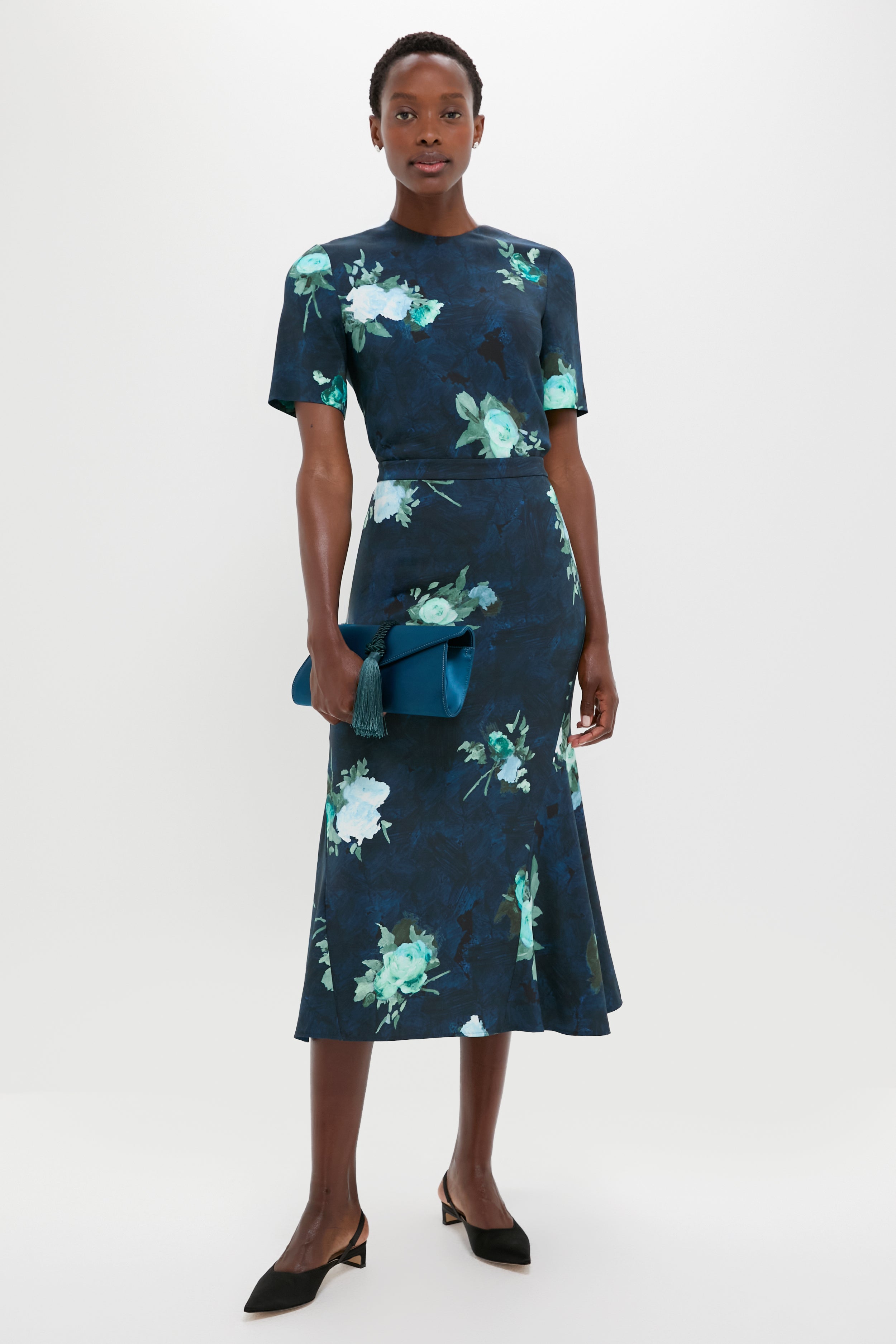 Abstract Rose Navy Fluted Midi Skirt