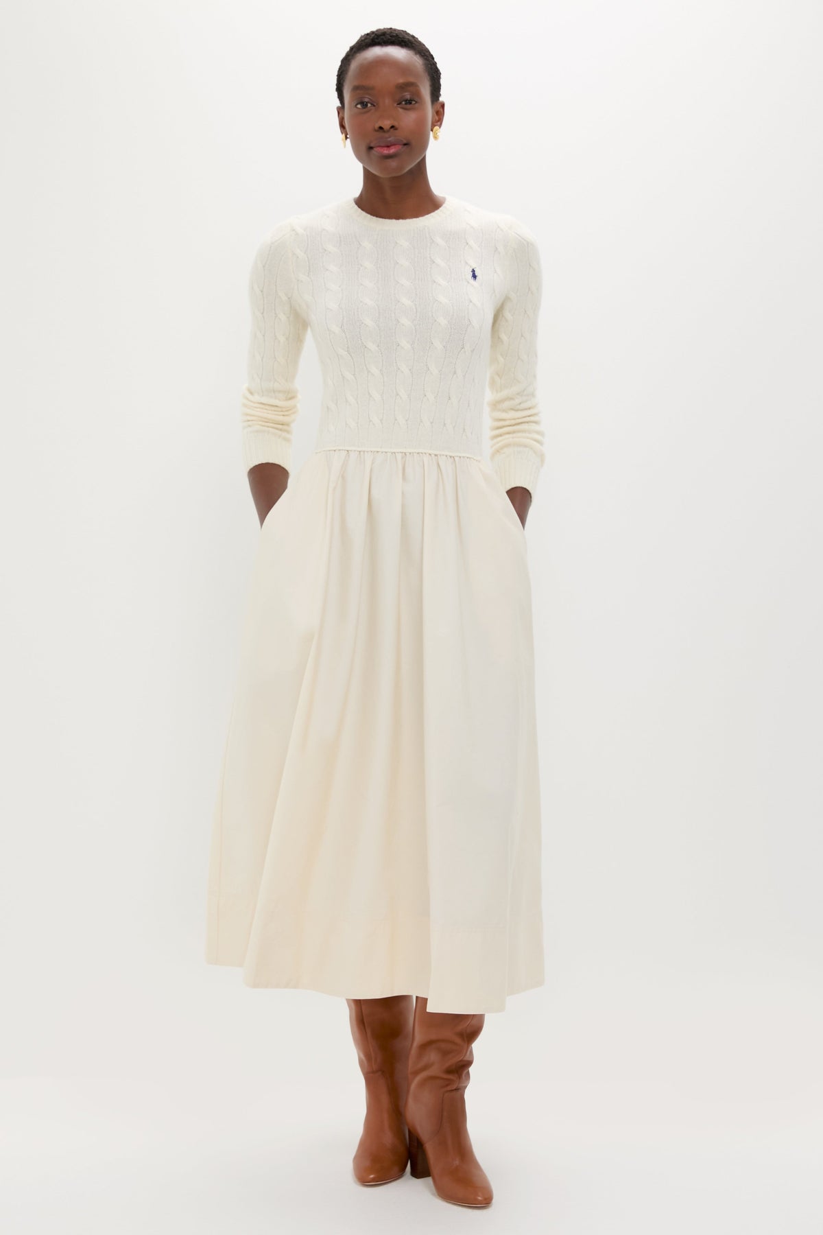 Authentic Cream Crewneck Long Sleeve Fit and Flare Dress