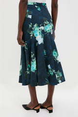 Abstract Rose Navy Fluted Midi Skirt