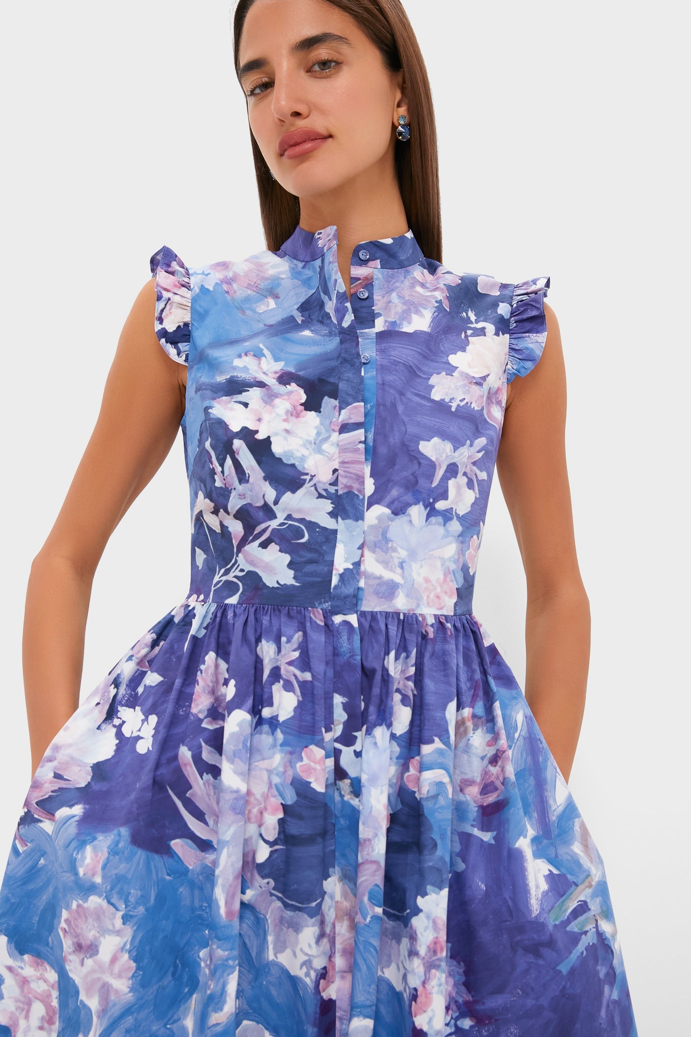 Artist Garden Pale Cobalt Sleeveless Flared Midi Dress