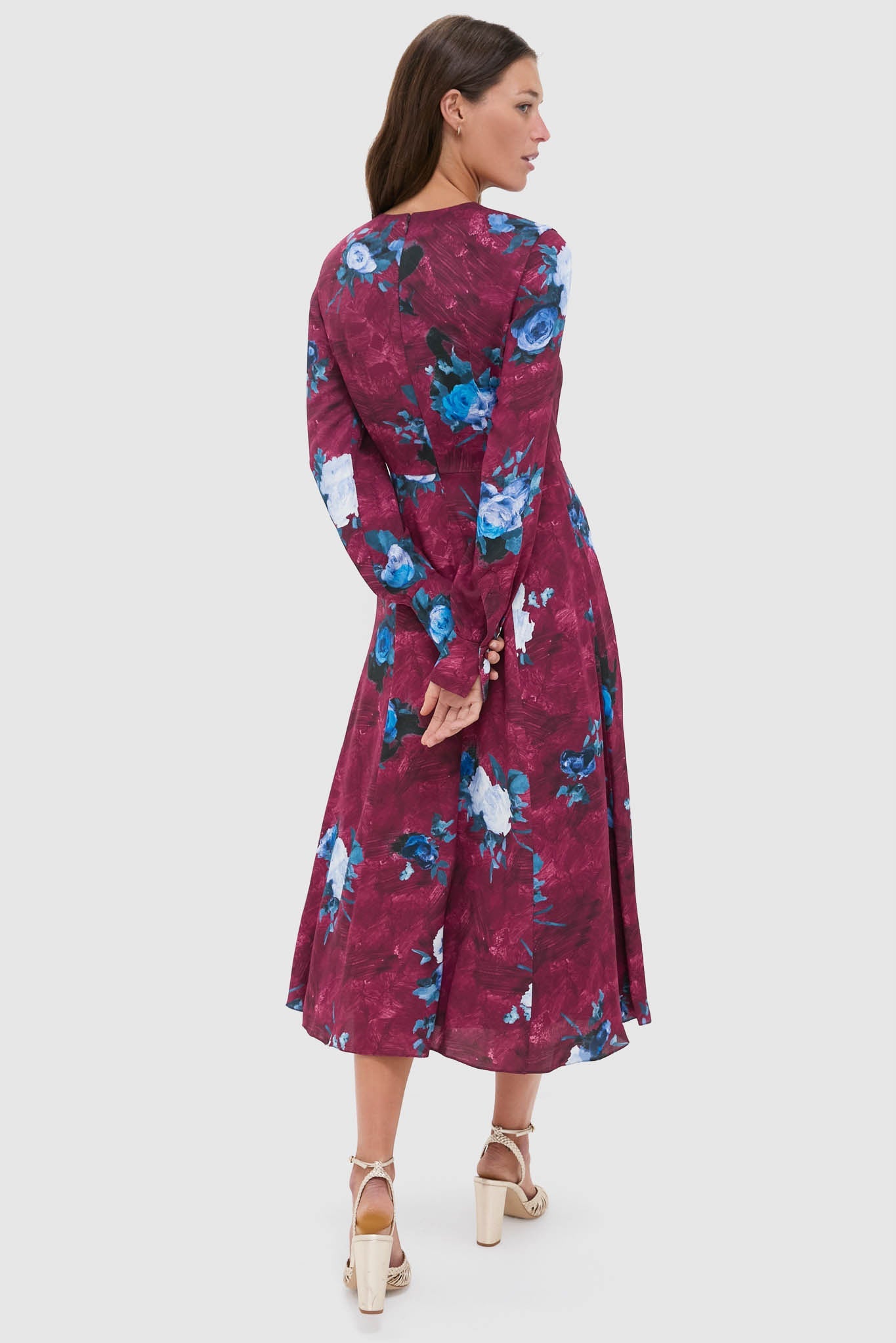 Abstract Rose Milberry Red Long Sleeve Midi Dress