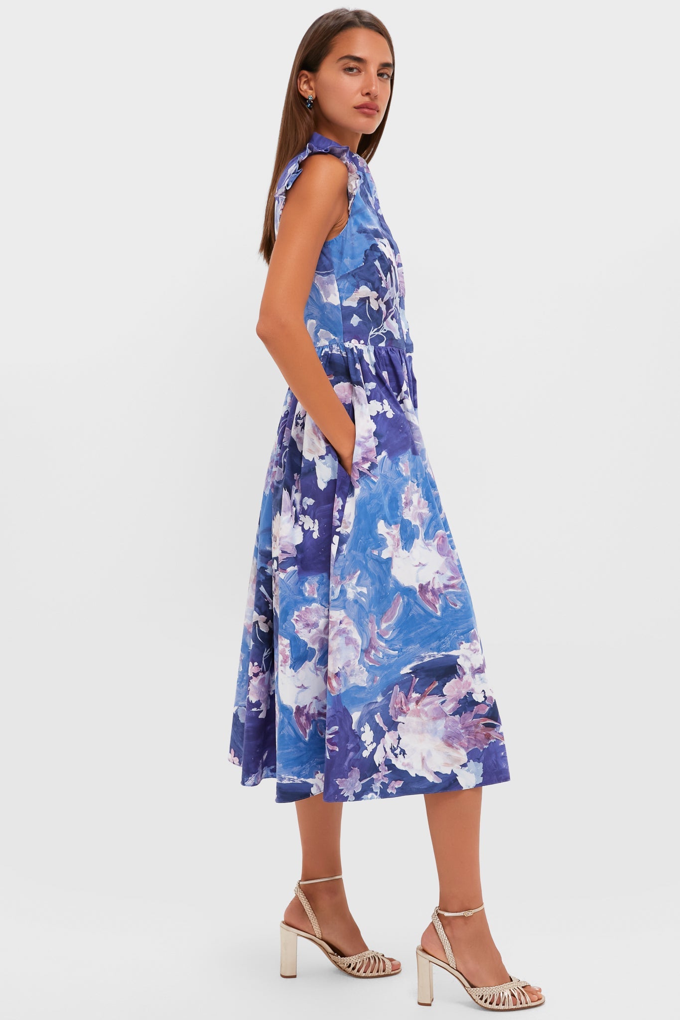 Artist Garden Pale Cobalt Sleeveless Flared Midi Dress
