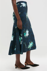 Abstract Rose Navy Fluted Midi Skirt